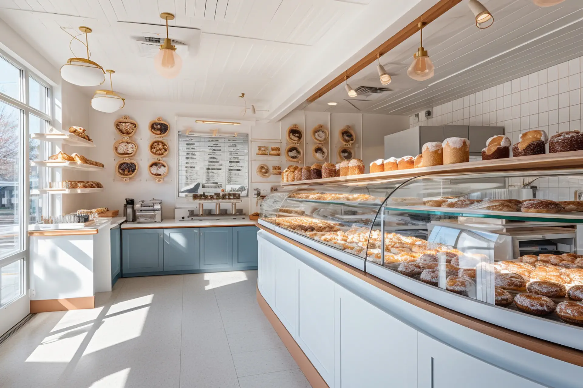 Wnętrze cukierni Sweet Cake - nowoczesny wystrój z drewnianymi akcentami i witryną pełną wypieków