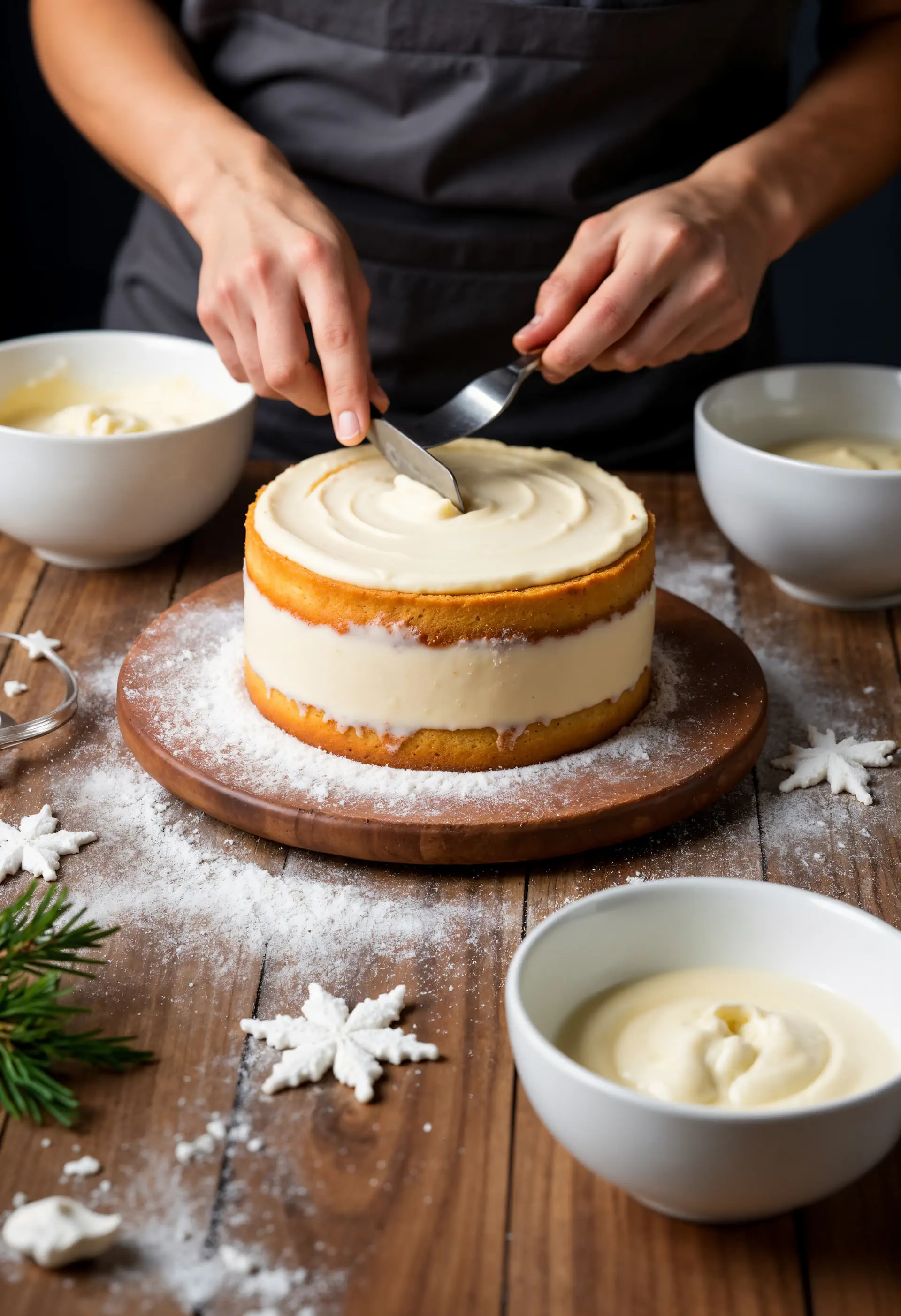 Proces dekorowania: Cukiernik nakłada krem waniliowy na biszkoptowy tort