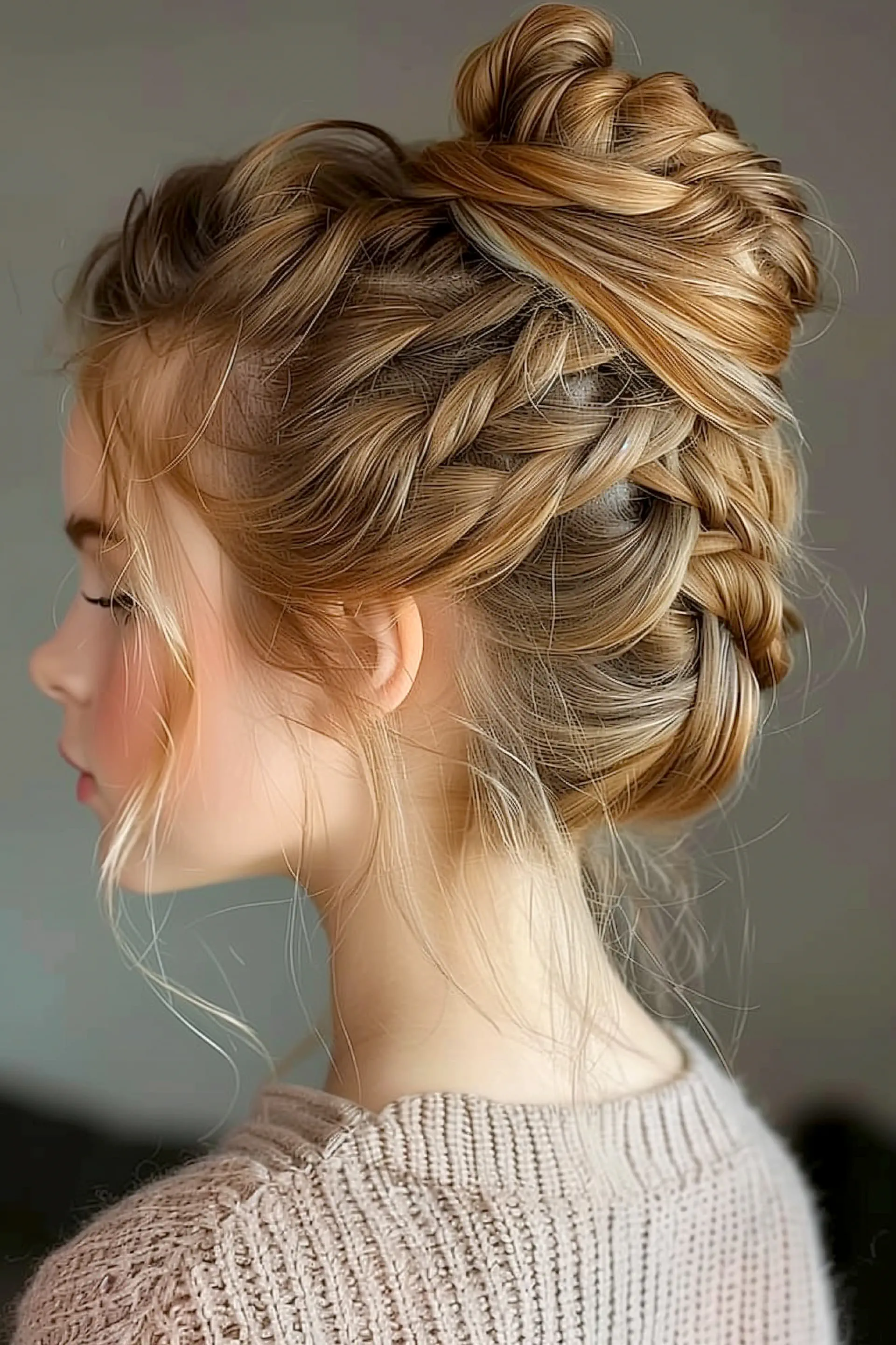 Artystyczne upięcie ślubne z warkoczem i wysokim kokiem