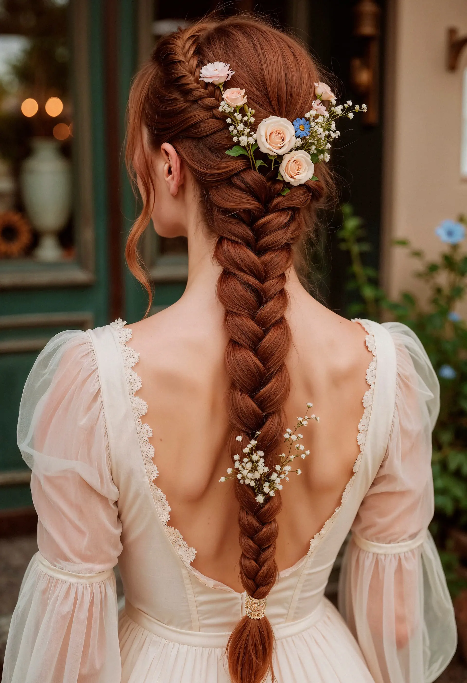 Długi warkocz ozdobiony żywymi kwiatami – fryzura ślubna i okolicznościowa